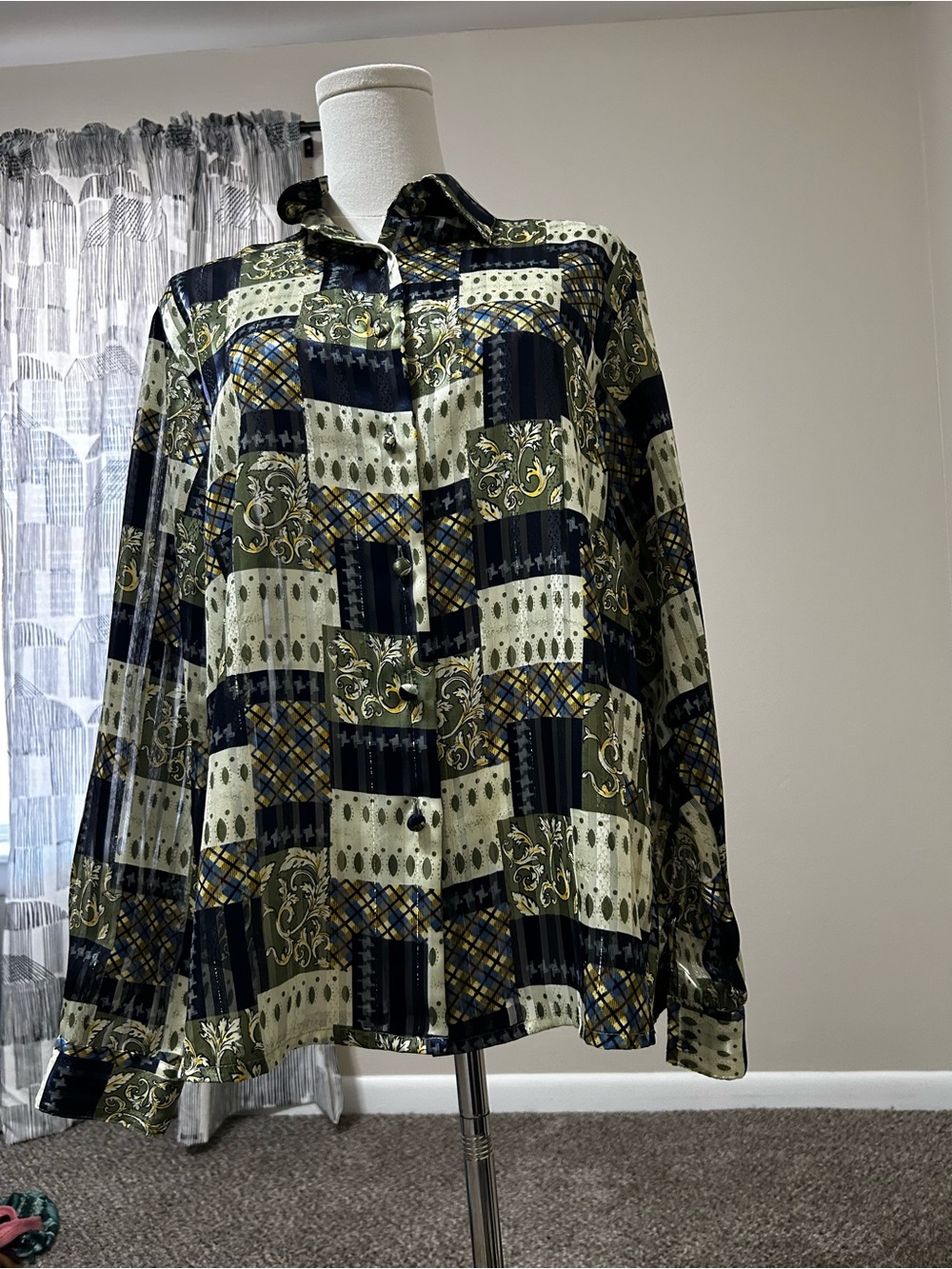 Yves St. Clair Navy and Green Patchwork-Print Button Down Shirt